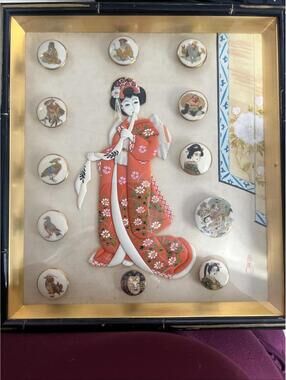 Antique Japanese Satsuma Ceramic/Porcelain H-Painted Buttons In Custom Frame 12